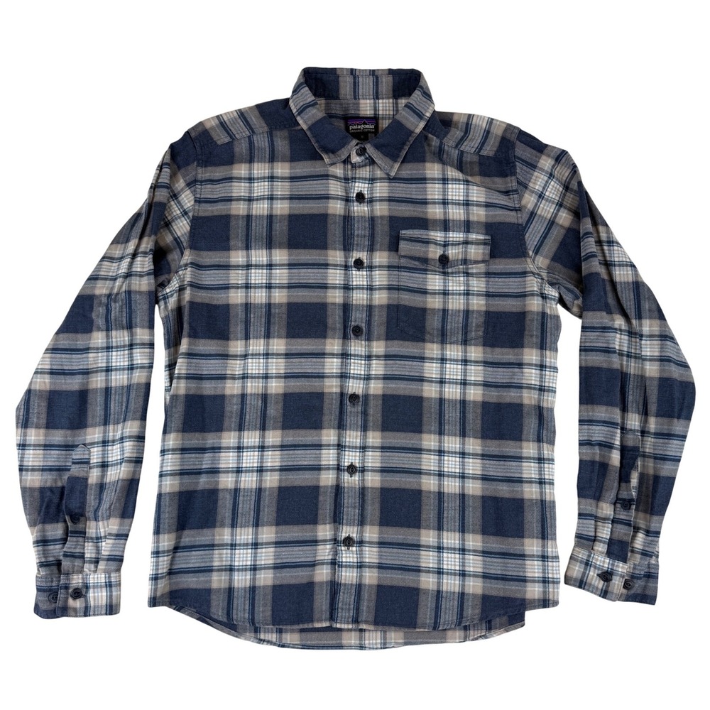 Patagonia Fjord Flannel Shirt Mens Medium‎ Blue Tan Plaid Organic Cotton 54020